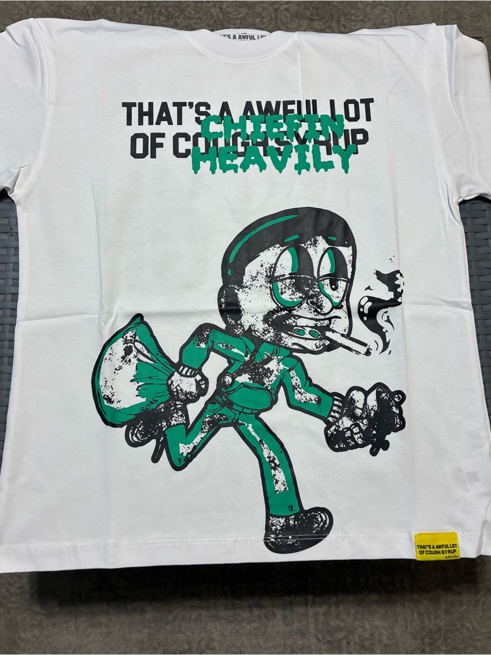 White Graphic Short Sleeve Tee with Green Cartoon Print